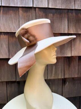 Vintage brim hat beige wool taupe ribbon real fur trim 7 1/4 Chapeau Creations